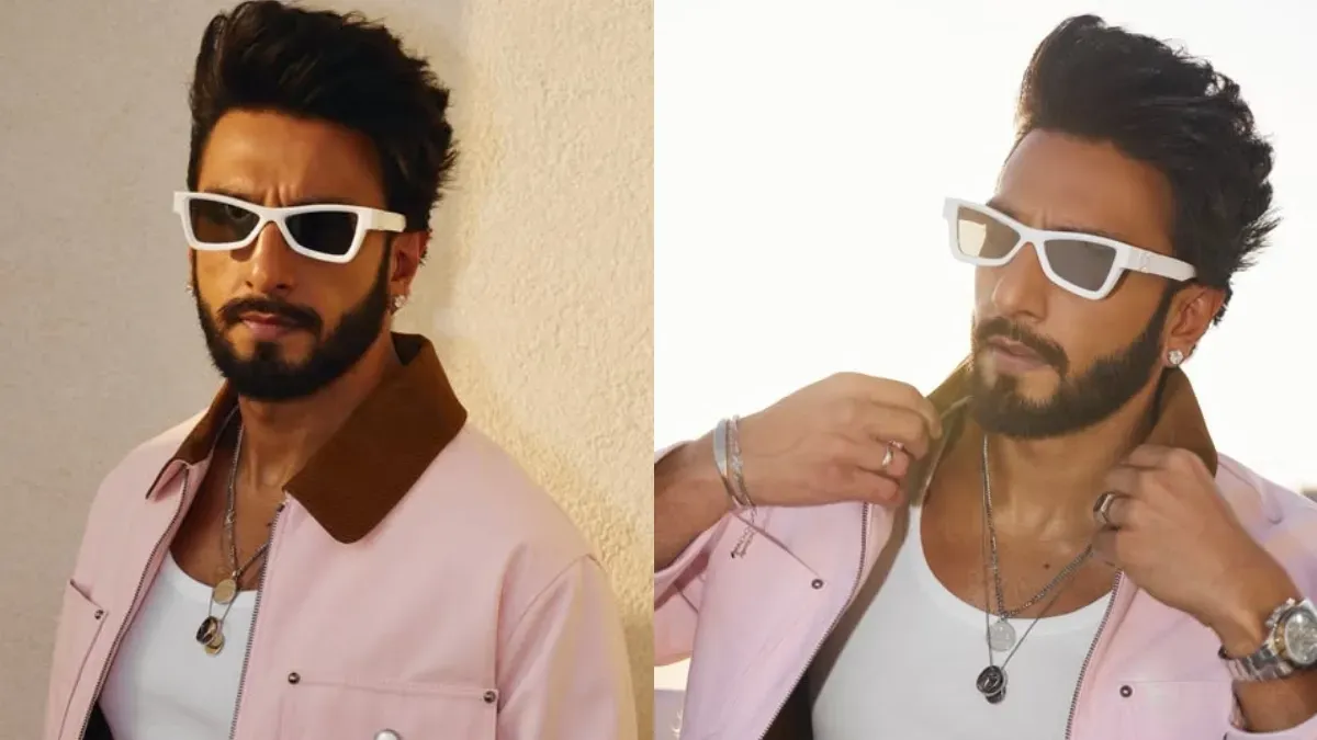 Ranveer Singh looking intense on a film set, possibly in an action sequence.
