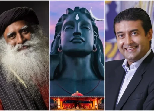 Sadhguru and a graphic novel image of Shiva: The Adiyogi.