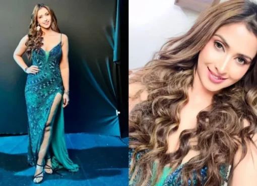 Samaira Sandhu in a stunning thigh-high slit dress.