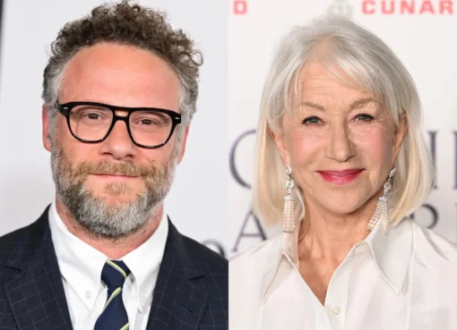 Photo of Seth Rogen, Helen Mirren, and Adam Pietkiewicz smiling at an event.