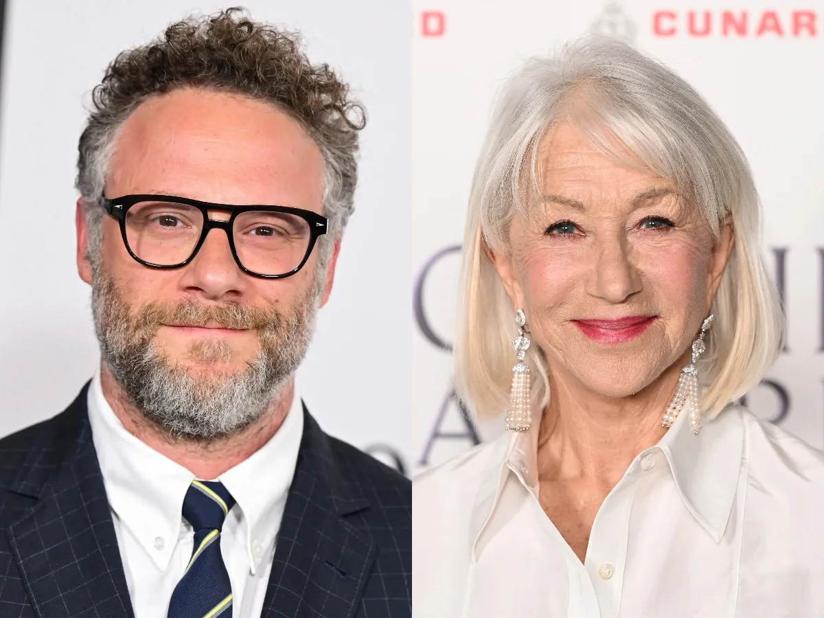 Photo of Seth Rogen, Helen Mirren, and Adam Pietkiewicz smiling at an event.