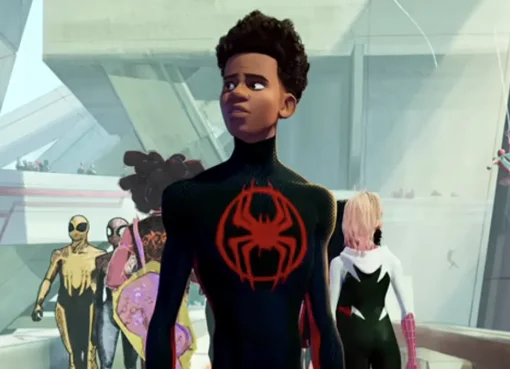 Animated Spider-Man character swinging through a vibrant, multi-dimensional city landscape.