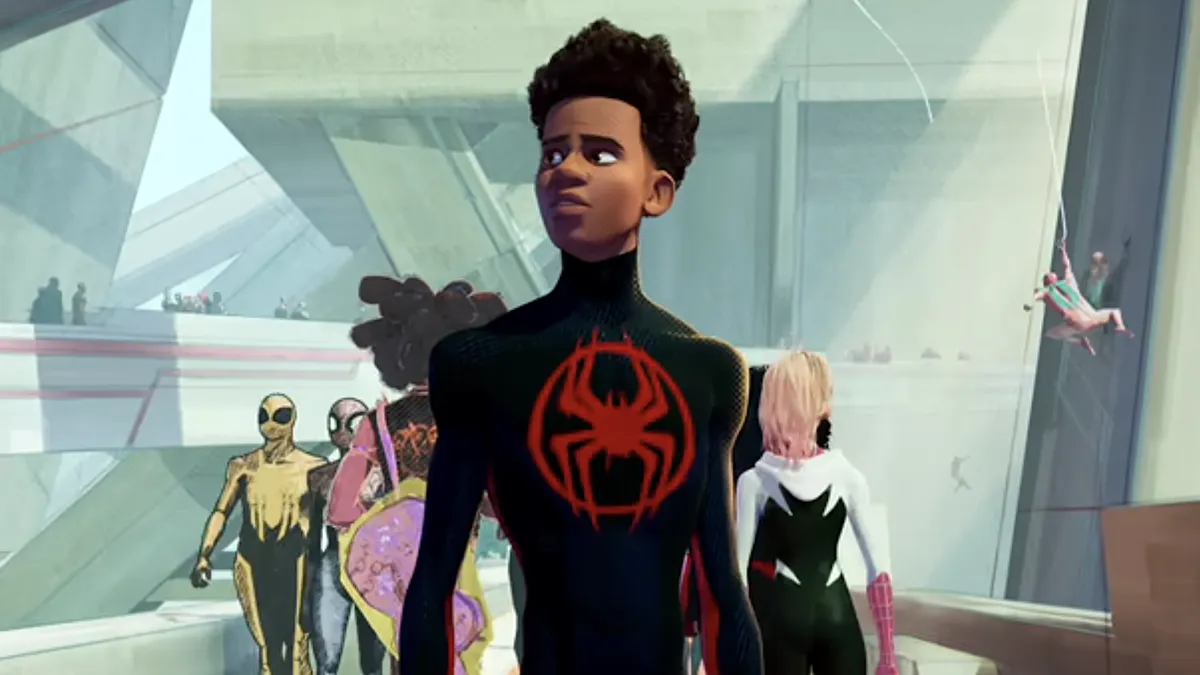 Animated Spider-Man character swinging through a vibrant, multi-dimensional city landscape.