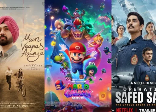 A collage of movie posters for Main Vaapas Aaunga, Super Mario Galaxy Movie, Ted Lasso 4, and Operation Safed Sagar, all displayed on a streaming platform interface.