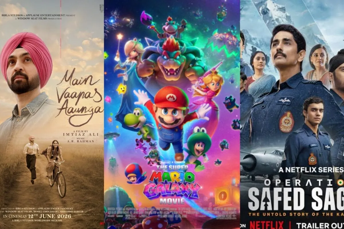 A collage of movie posters for Main Vaapas Aaunga, Super Mario Galaxy Movie, Ted Lasso 4, and Operation Safed Sagar, all displayed on a streaming platform interface.