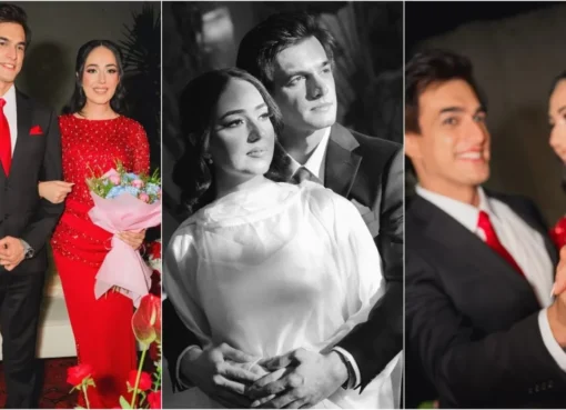 Mohsin Khan and Tamanna smiling in engagement photos.