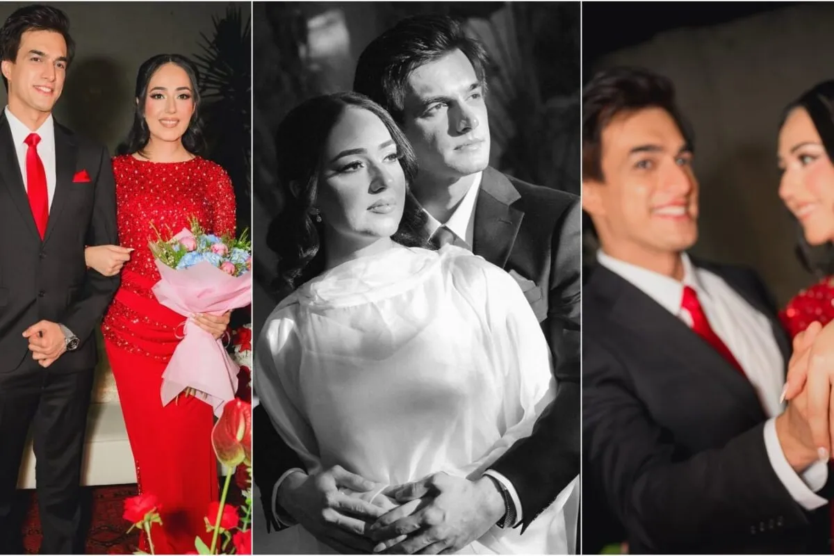 Mohsin Khan and Tamanna smiling in engagement photos.