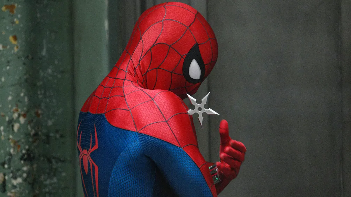 Spider-Man swinging through a city skyline, wearing his iconic red and blue suit.