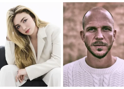 Peyton List and Gustaf Skarsgård looking intense