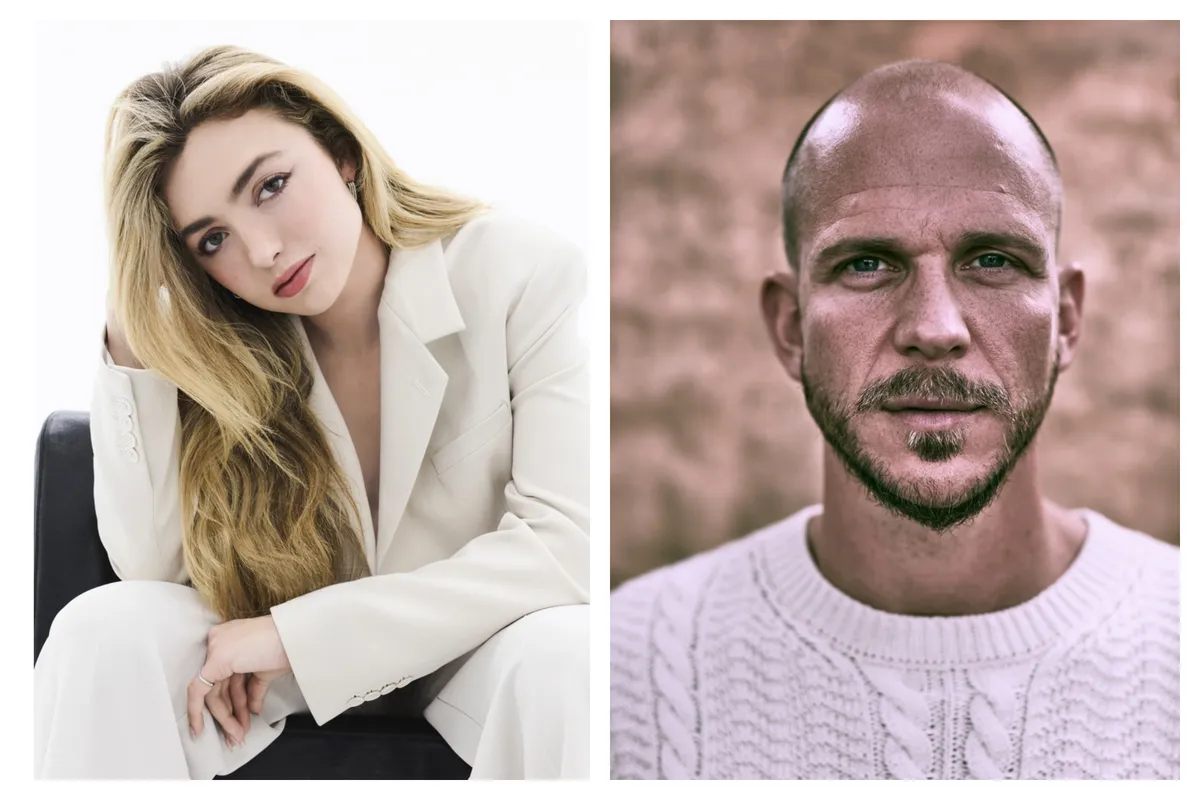 Peyton List and Gustaf Skarsgård looking intense