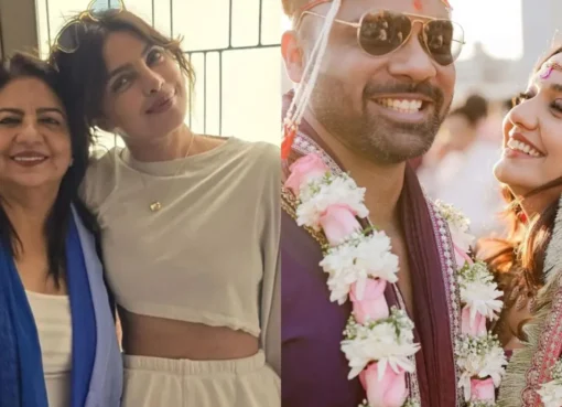 Split image showing Priyanka Chopra's mother and Kriti Sanon, and Divya Agarwal with her partner.