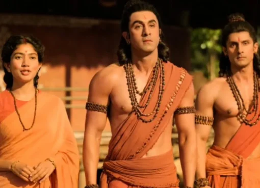 Movie poster for Ramayana with Ranbir Kapoor, Sai Pallavi, and Yash.
