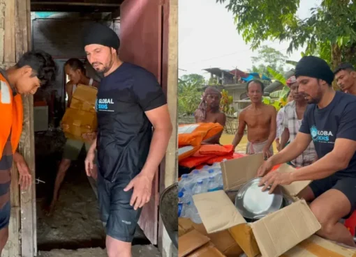 Randeep Hooda interacting with people in a flood-affected area in Assam.