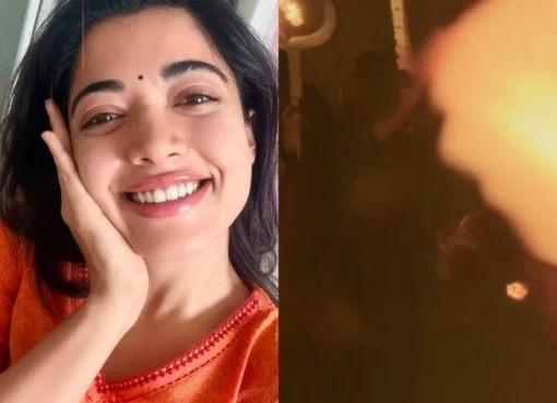 Rashmika Mandanna performing with high energy in a colorful dance outfit.