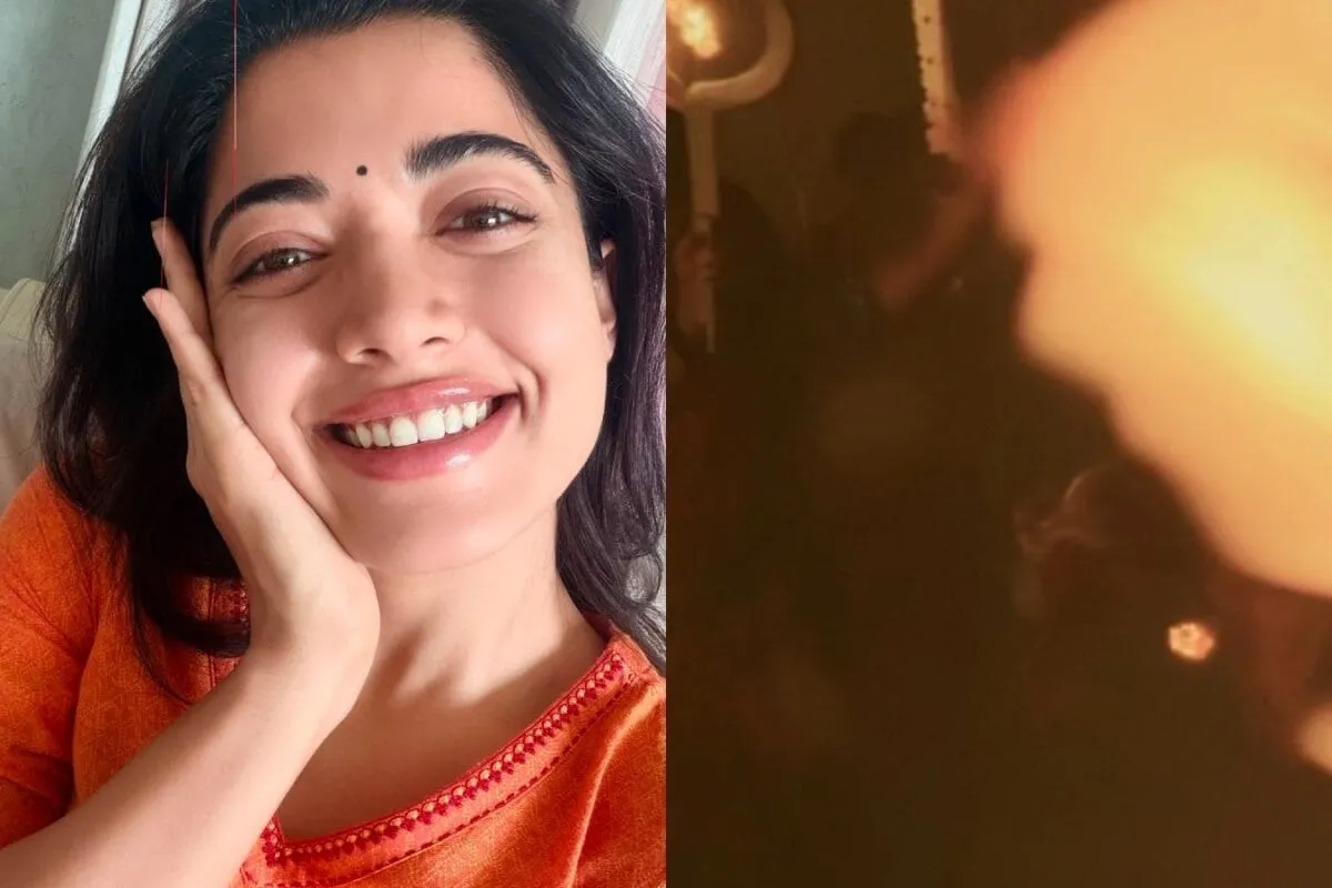 Rashmika Mandanna performing with high energy in a colorful dance outfit.