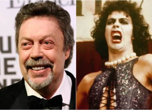 Tim Curry in his iconic roles, including Dr. Frank-N-Furter from The Rocky Horror Picture Show, Pennywise from It, and Wadsworth from Clue.