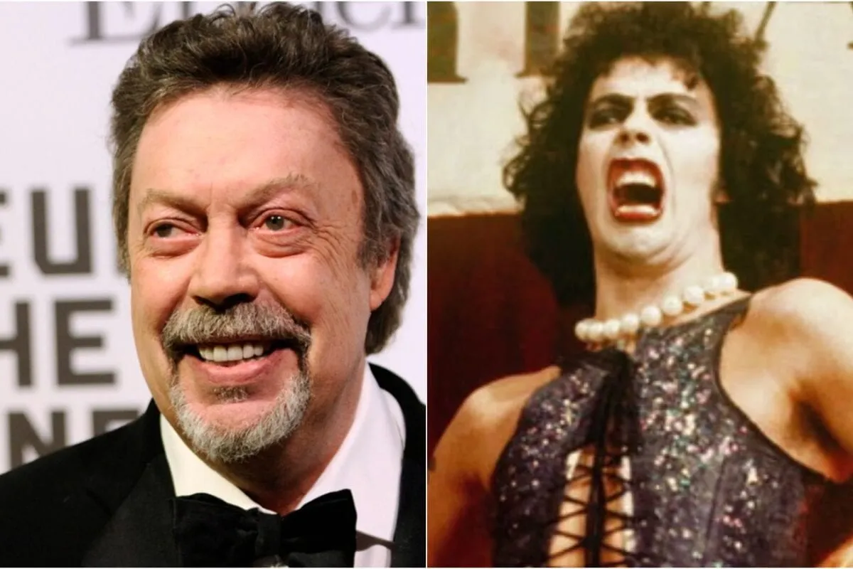 Tim Curry in his iconic roles, including Dr. Frank-N-Furter from The Rocky Horror Picture Show, Pennywise from It, and Wadsworth from Clue.