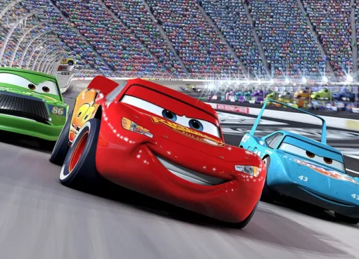 Lightning McQueen, the red race car from Pixar's Cars, smiling and driving.
