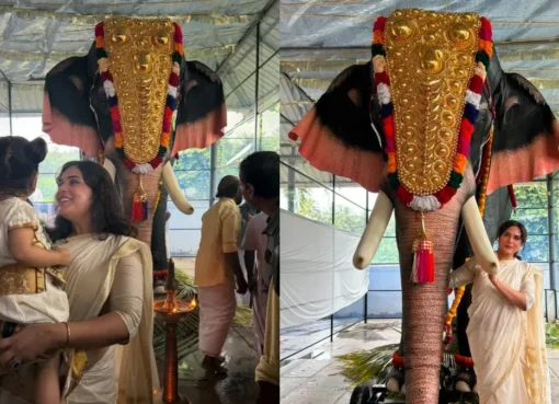 Richa Chadha smiling and celebrating Onam with her daughter Zuneyra in traditional attire.