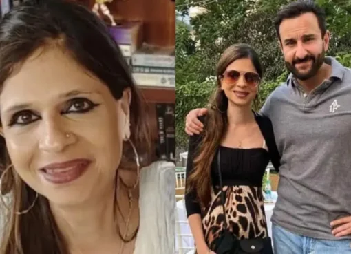 Saba Pataudi and Saif Ali Khan smiling together at an event.