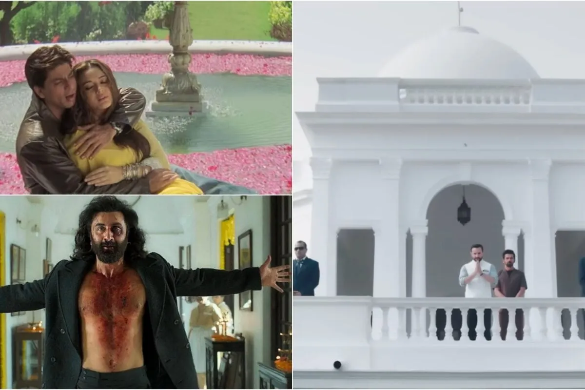 Exterior shot of Saif Ali Khan's grand Pataudi Palace with lush green lawns.