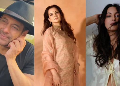 Salman Khan looking serious and Kangana Ranaut posing for a photo