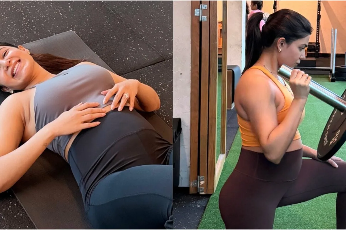 Samantha Ruth Prabhu doing a gentle workout in a bright, airy space with focus and peace.
