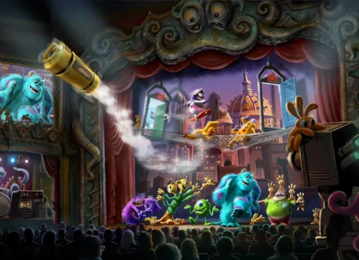 Concept art showing a bright, colorful cityscape with cartoon monsters, representing Monstropolis.