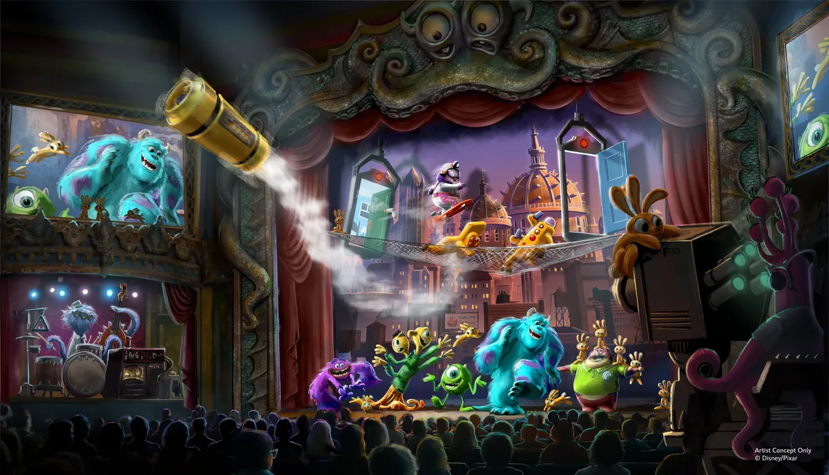 Concept art showing a bright, colorful cityscape with cartoon monsters, representing Monstropolis.