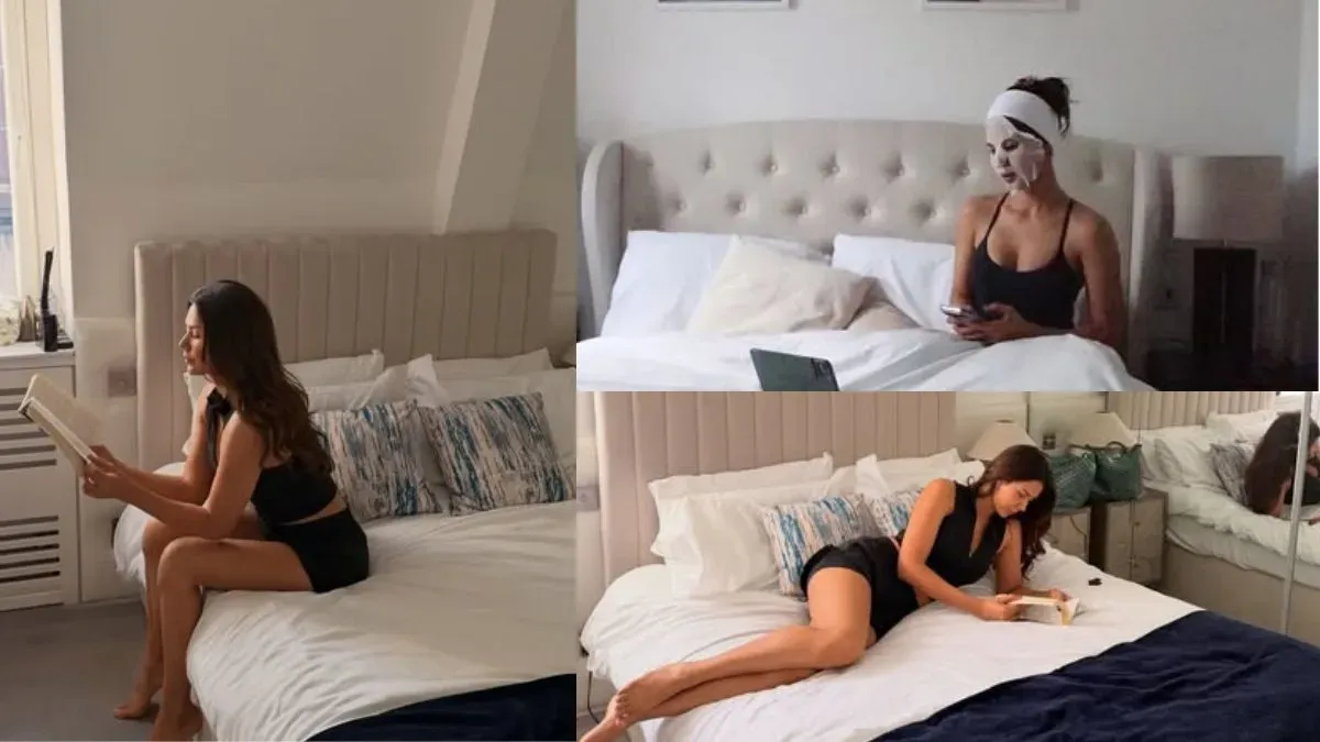 Sonam Bajwa sitting in a luxurious, book-filled room in a London penthouse.