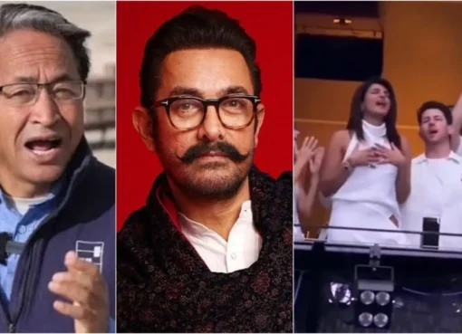 Split image showing Sonam Wangchuk and Aamir Khan, and Priyanka Chopra and Nick Jonas at a concert.