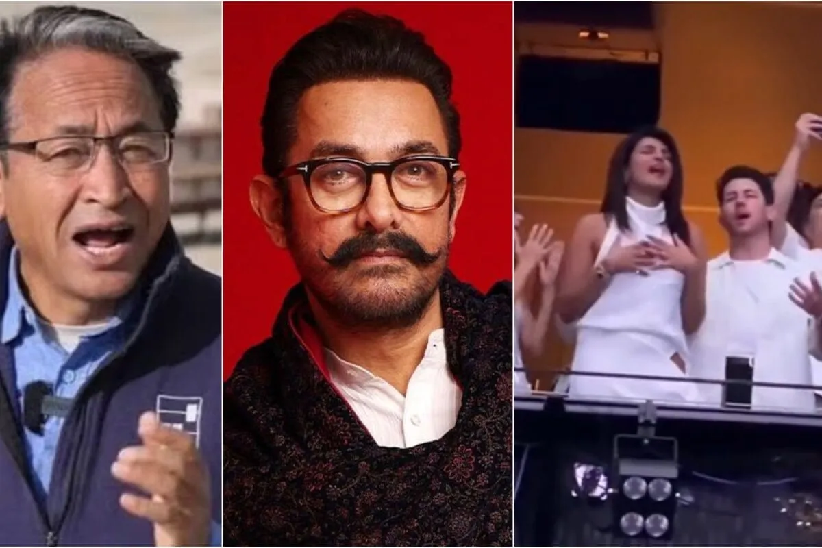 Split image showing Sonam Wangchuk and Aamir Khan, and Priyanka Chopra and Nick Jonas at a concert.