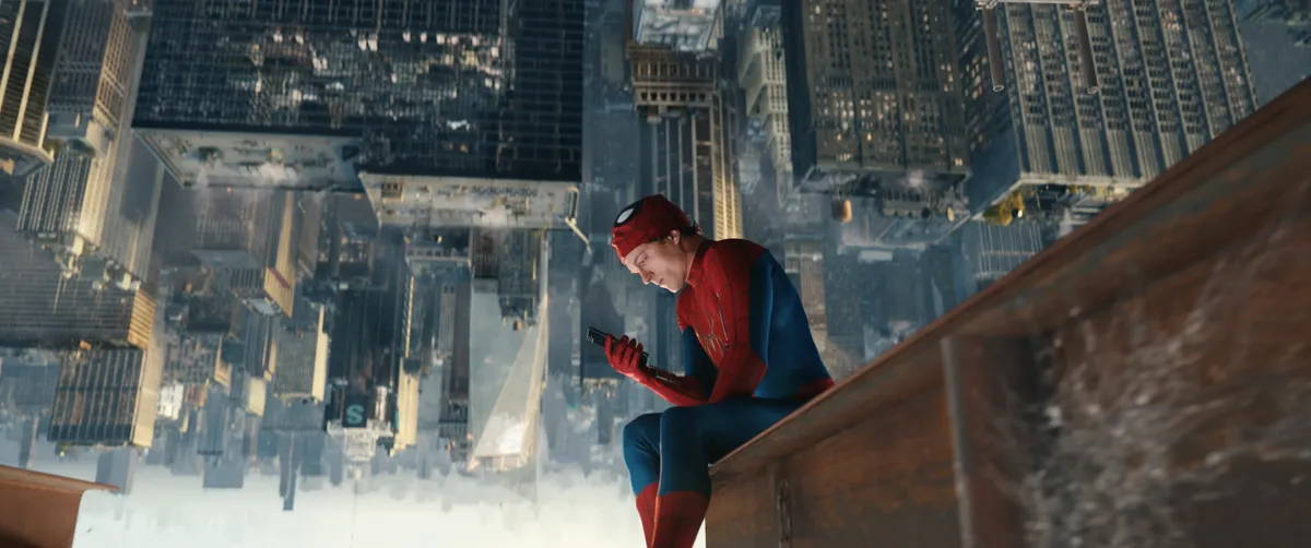 Spider-Man in his iconic red and blue suit, mid-swing against a city backdrop.