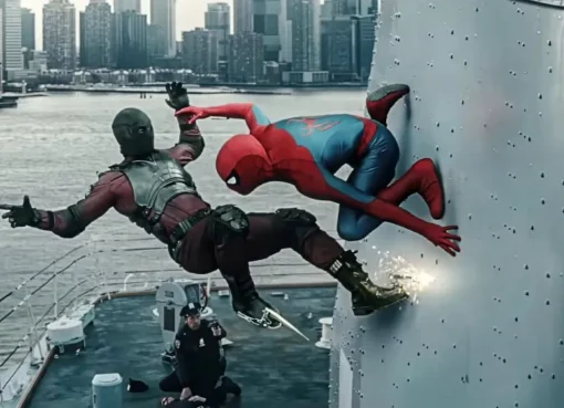 Tom Holland as Spider-Man in his classic red and blue suit, mid-air with a web streaming from his hand against a city background.