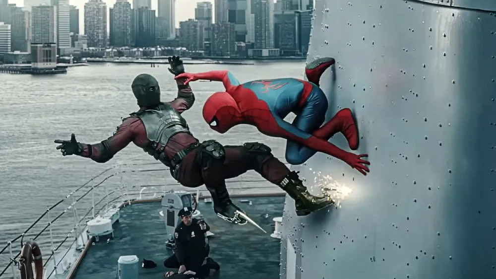 Tom Holland as Spider-Man in his classic red and blue suit, mid-air with a web streaming from his hand against a city background.
