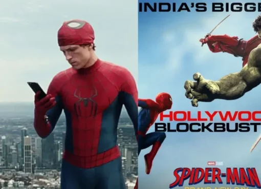 Tom Holland as Spider-Man swinging heroically through a city skyline.