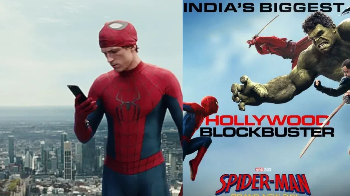 Tom Holland as Spider-Man swinging heroically through a city skyline.