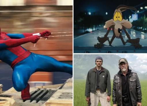 Spider-Man character in action pose with cartoon coyote looking on.