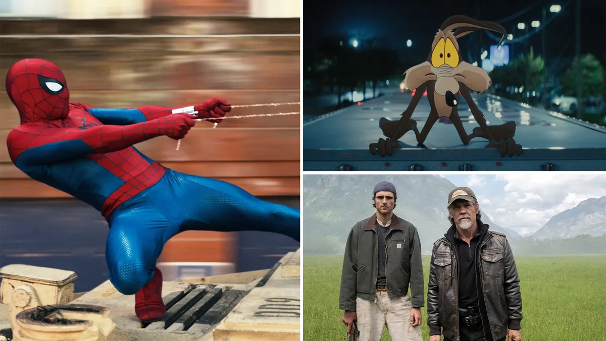 Spider-Man character in action pose with cartoon coyote looking on.