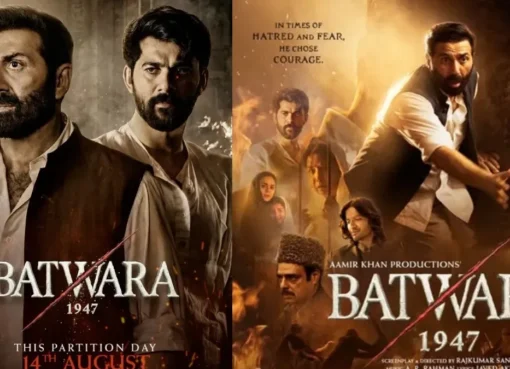 Sunny Deol and Preity Zinta looking intense in a 'Batwara 1947' movie poster.