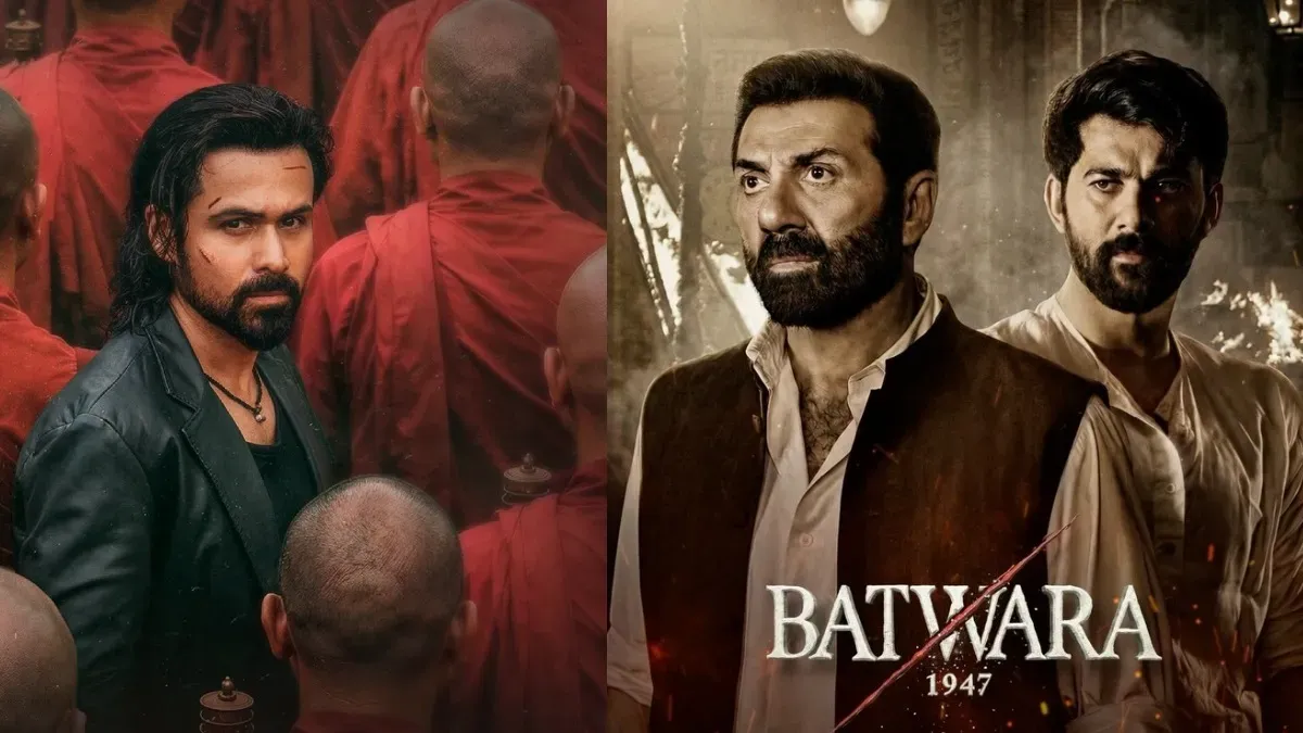 Sunny Deol from Batwara 1947 and Emraan Hashmi from Awarapan 2 in a split image, representing their box office clash.