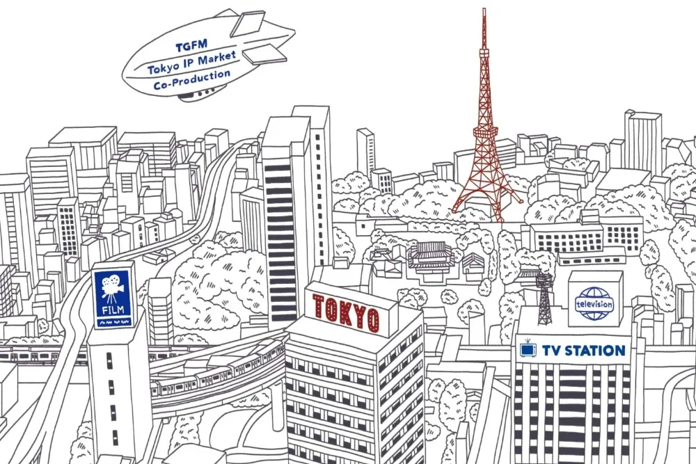 A vibrant illustration showing diverse movie posters from Japan being shared with the world.