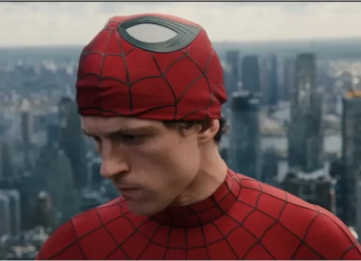 Tom Holland as Spider-Man swinging through a bright, futuristic city.