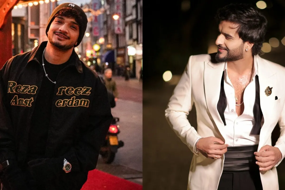 Split image of Abhishek Malhan looking confident and Munawar Faruqui looking thoughtful, with a subtle red 'tension' line between them.