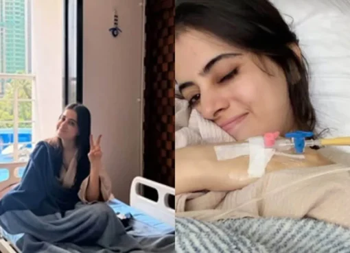 Uorfi Javed in a hospital bed with an IV cannula.