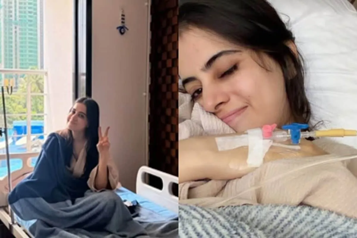 Uorfi Javed in a hospital bed with an IV cannula.