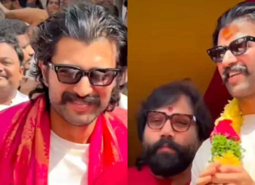 Vijay Deverakonda and Sandeep Reddy Vanga praying at Lal Darwaza Mahankali Temple during Bonalu.
