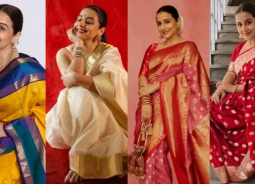 Vidya Balan smiling elegantly in a vibrant handloom saree.