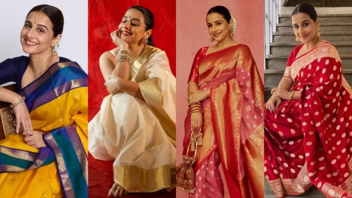 Vidya Balan smiling elegantly in a vibrant handloom saree.