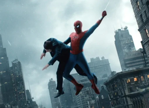 Spider-Man swinging through a vibrant city skyline at sunset with a web.